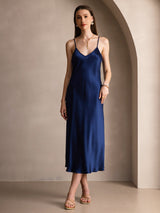 [Dark Blue] SilkSilky  Pure Silk Spaghetti Strap V Neck Dress 003