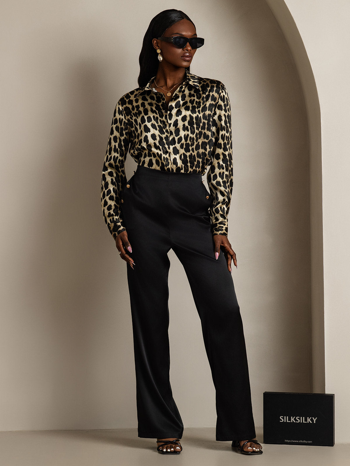 SilkSilky  Silk Blend Long Sleeve Collar Women's Shirt Leopard 008