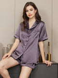 SilkSilky  Pure Silk Short Sleeve Lapel Women's Pajamas PurpleGray 001