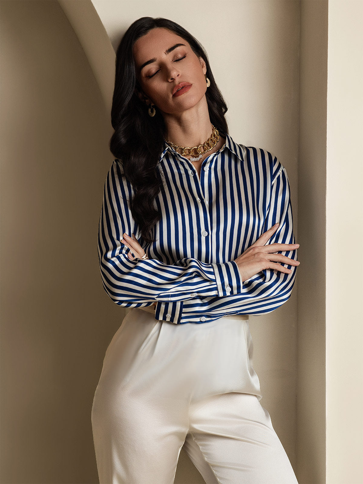 [Blue] SilkSilky  Silk Lapel Collar Women's Shirt 001