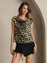 [Leopard] SilkSilky  Cap Sleeve Cowl Neck Women's T-Shirt 001