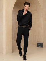 [Black] SilkSilky 19Momme Stretch Silk Charmeuse Long Sleeve Lapel Collar Men's Shirt 008