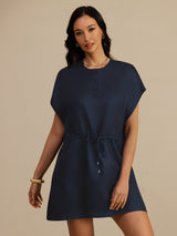 [Dark Blue] SilkSilky 18Momme Silk Satin Surah Cap Sleeve Henley Neck Dress 004