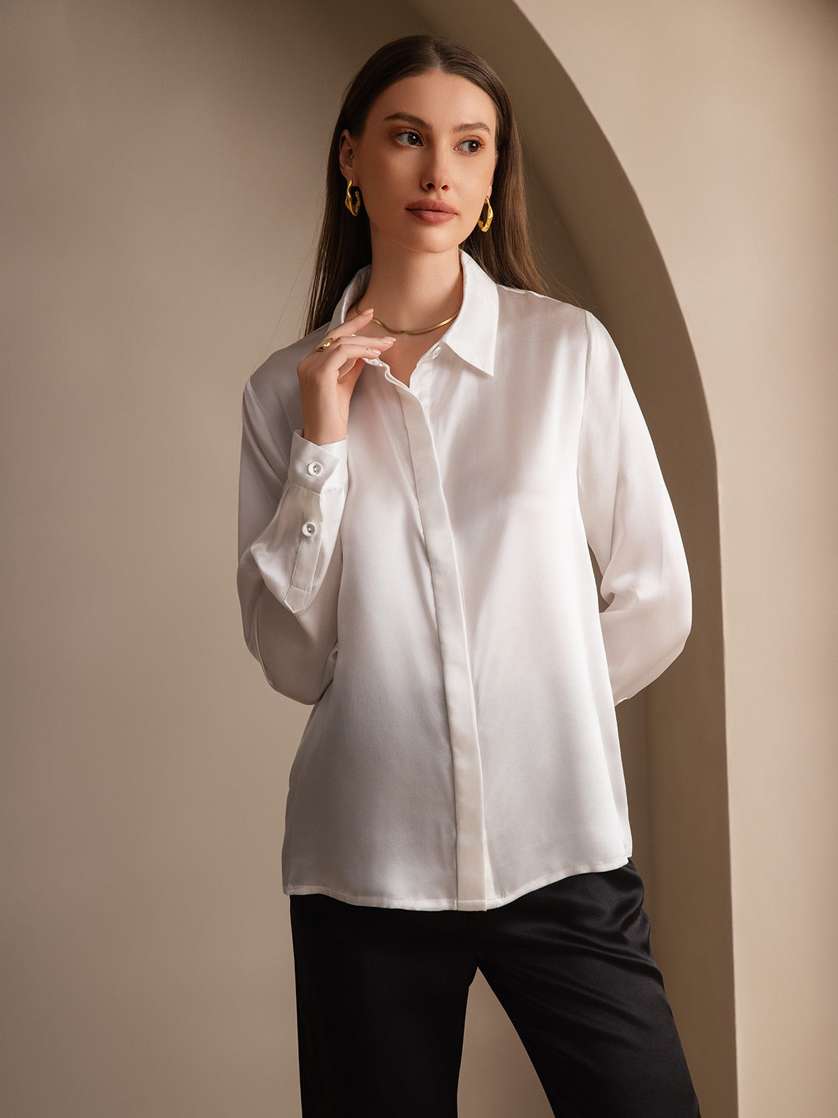 SilkSilky  19Momme Silk Blend Long Sleeve Collar Women's Shirt White 004