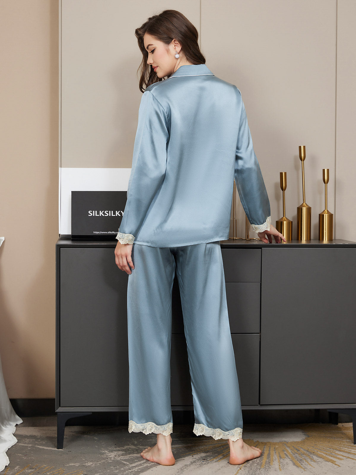 [Steel Blue] SilkSilky Pure Silk Long Sleeve Lapel Women's Pajamas 002