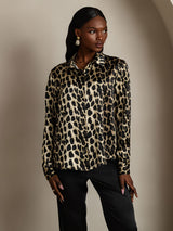 [Leopard] SilkSilky  19Momme Stretch Silk Charmeuse Long Sleeve Lapel Collar Women's Shirt 004
