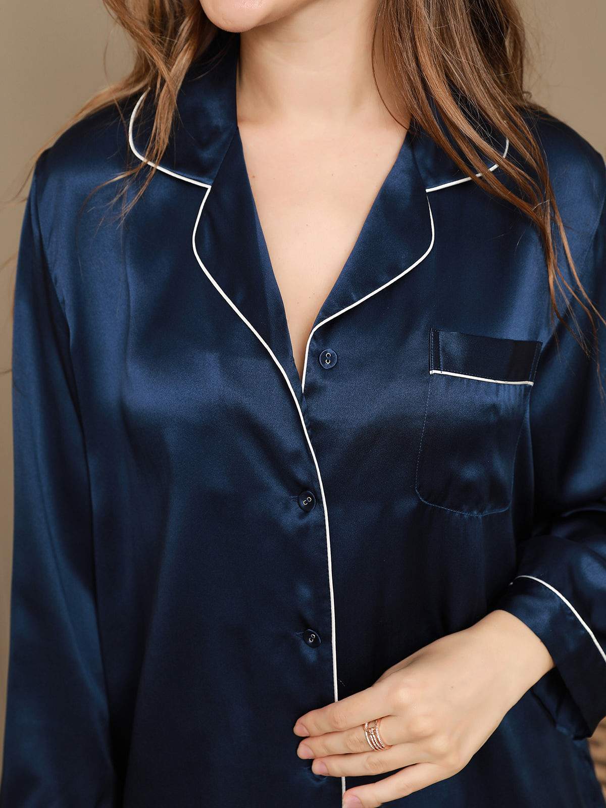 SilkSilky US Pure Silk Long Sleeve Lapel Women's Pajamas DarkBlue 008