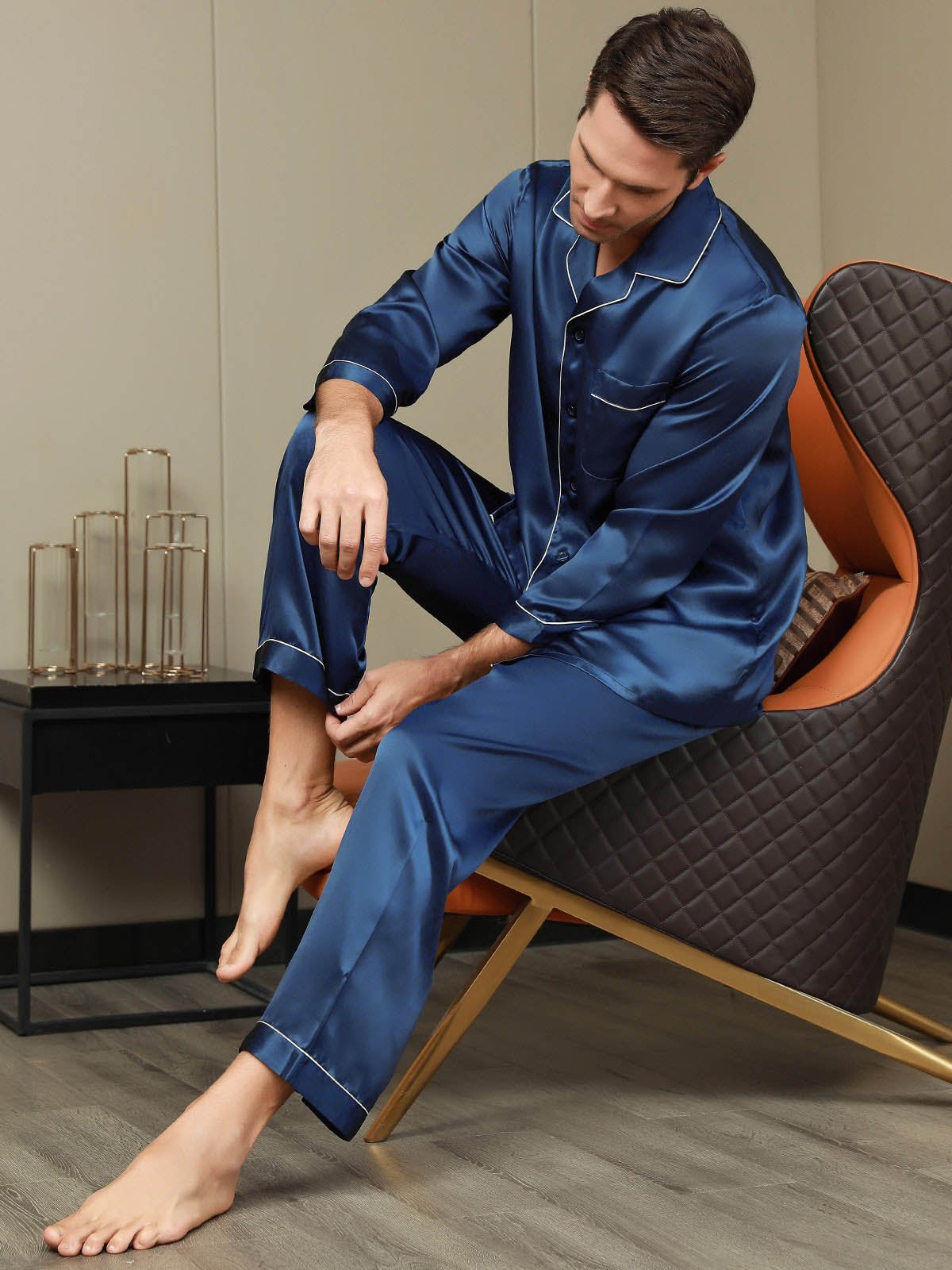 SilkSilky US Pure Silk Long Sleeve Lapel Men's Pajamas DarkBlue 007