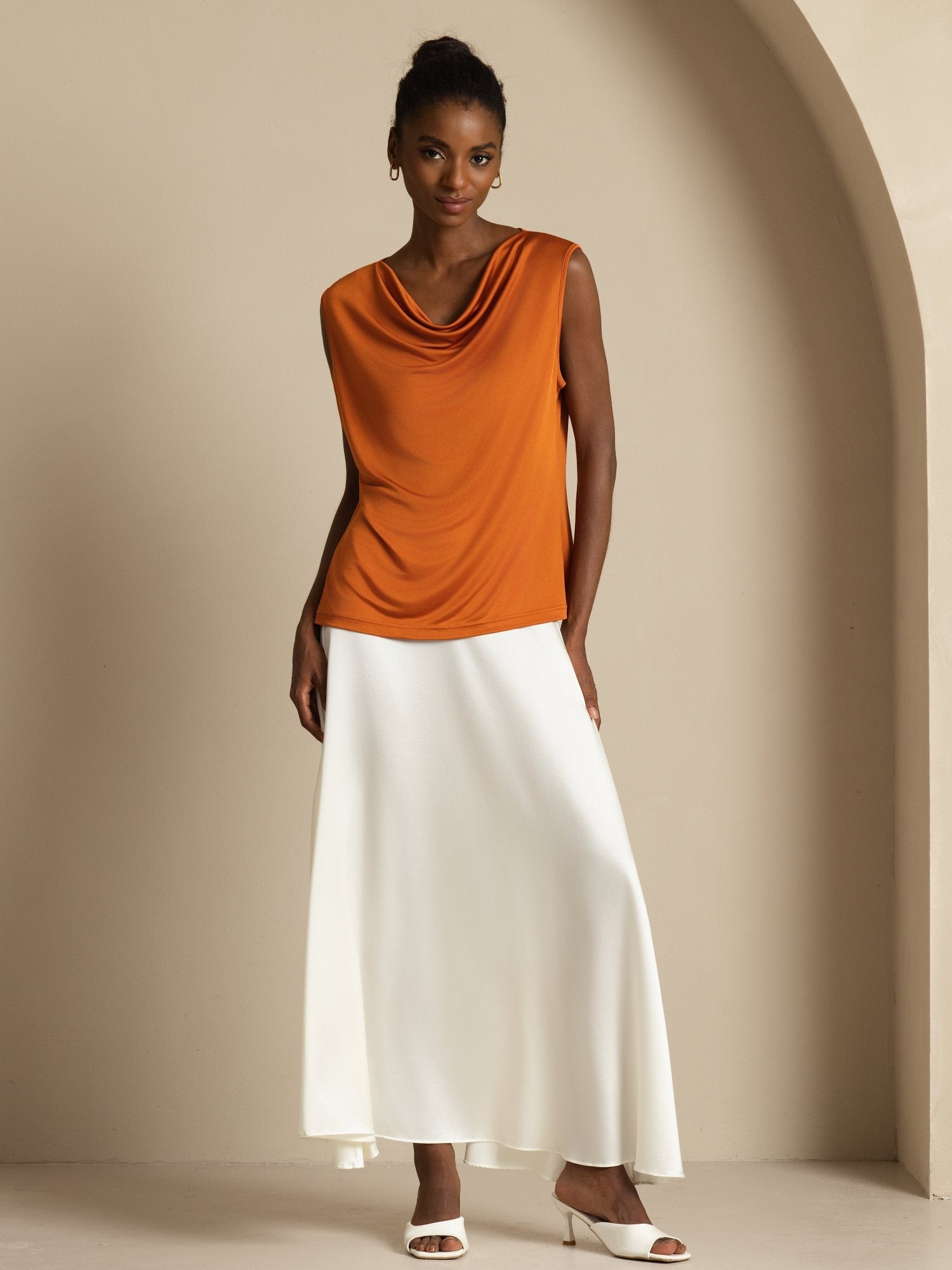 [Orange] SilkSilky Silk Sleeveless Cowl Neck Women's T-Shirt 006