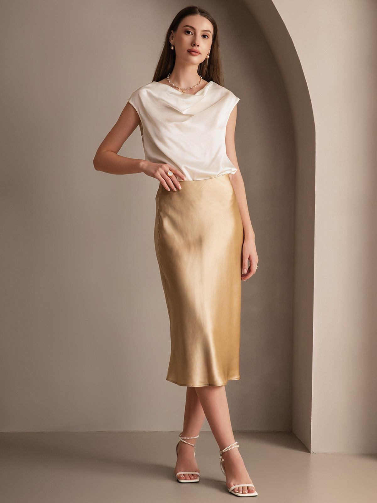 [Champagne] SilkSilky  19Momme Pure Silk Skirt 001