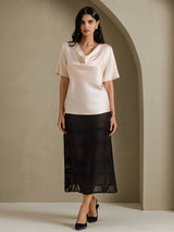 [Beige] SilkSilky  Short Sleeve Cowl Neck Women's Blouse 006
