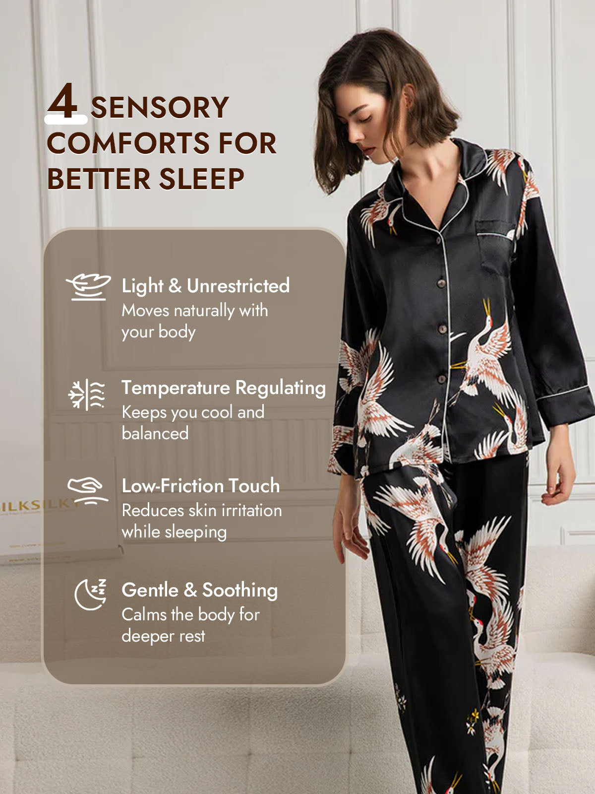 [Black] SilkSilky  19Momme Pure Silk Long Sleeve Notch Collar Women's Pajamas 005