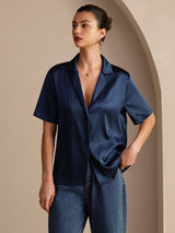 [Dark Blue] SilkSilky  Short Sleeve Notch Collar Women's Shirt 003