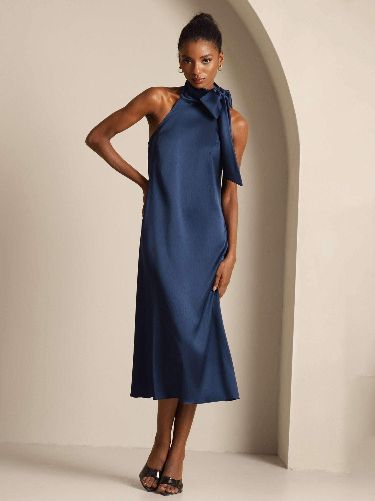 [Dark Blue] SilkSilky  19Momme Silk Tie Neck Dress 008,
