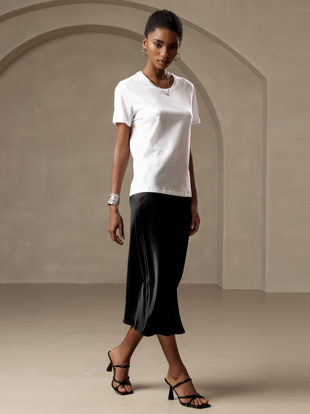 [Black] SilkSilky  19Momme Pure Silk Skirt 003