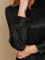 [Black] SilkSilky  19Momme Stretch Silk Charmeuse Long Sleeve Lapel Collar Women's Shirt 008