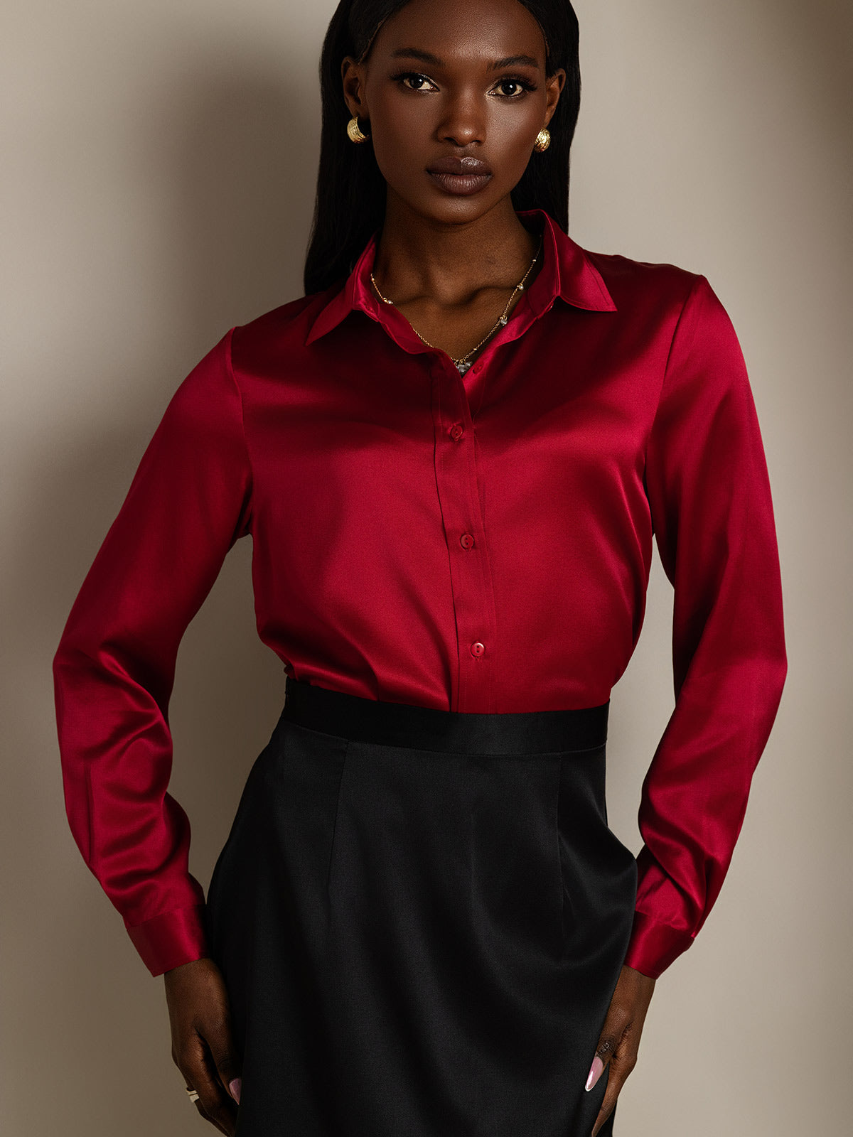 SilkSilky  19Momme Silk Long Sleeve Collar Women's Shirt Wine 005