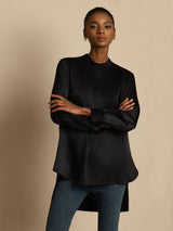 [Black] SilkSilky  19Momme Stretch Silk Charmeuse Long Sleeve Stand Collar Blouse 004