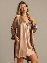 [Brown] SilkSilky  3/4 Sleeve V Neck Nightgown&Robe Set 006