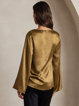 [Brown] SilkSilky  19Momme Stretch Silk Charmeuse Long Sleeve Boat Neck Blouse 002