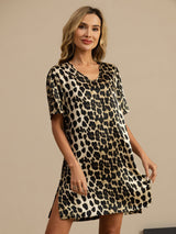 [Leopard] SilkSilky  Silk Short Sleeve V Neck Nightgown 001