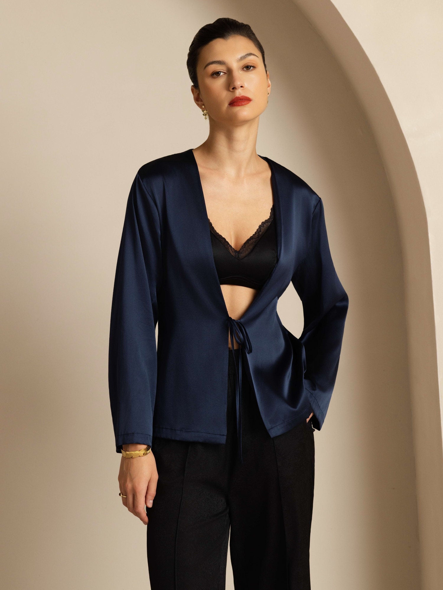 [Dark Blue] SilkSilky  19Momme Stretch Silk Charmeuse Long Sleeve Women's Outerwear 001