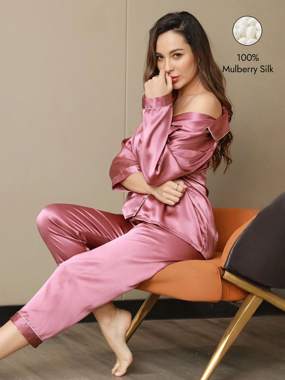 [Pale Mauve] SilkSilky  Silk Long Sleeve Notch Collar Women's Pajamas 001