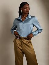 [Grayish Blue] SilkSilky  Long Sleeve Lapel Collar Women's Shirts 001