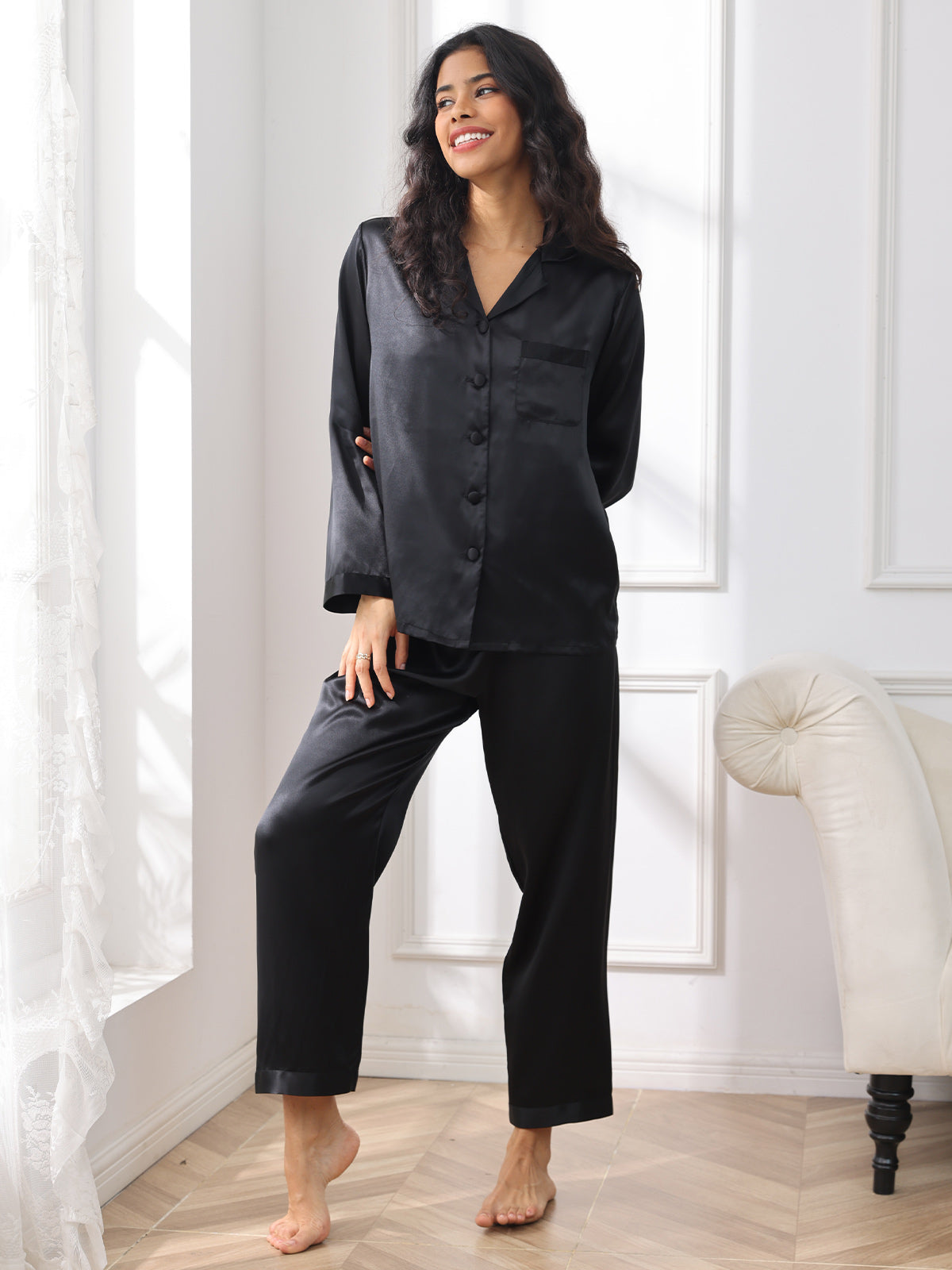 SilkSilky US Pure Silk Long Sleeve Lapel Women's Pajamas Black 004