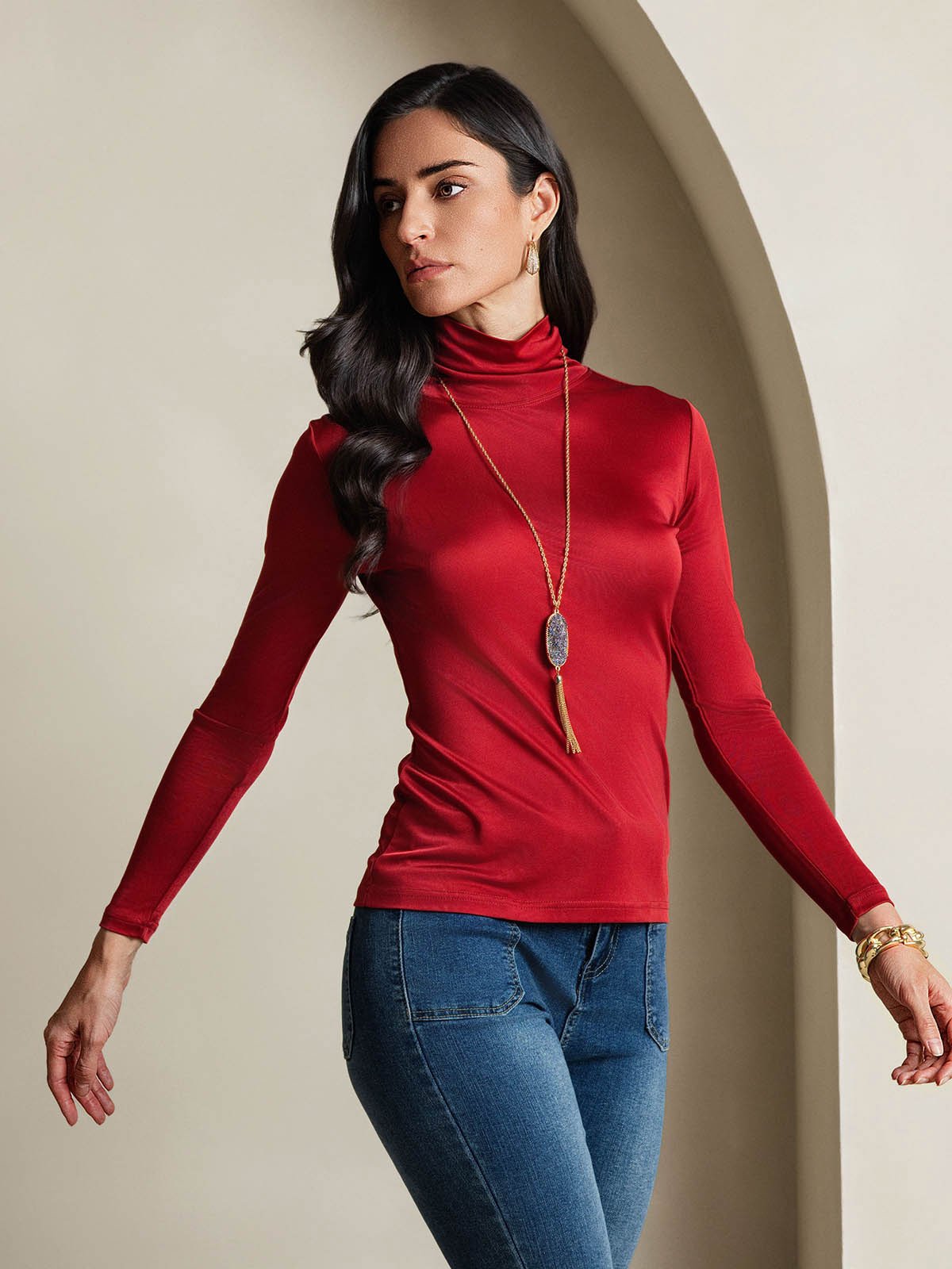 [Wine] SilkSilky  Silk Long Sleeve High Neck Women's T-Shirt 005