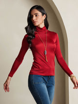 [Wine] SilkSilky  Silk Jersey Long Sleeve Turtle Neck Women's T-Shirt 005