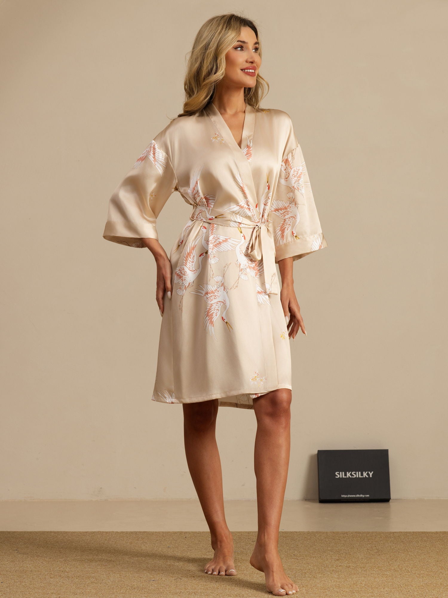 [Champagne] SilkSilky  19Momme 3/4 Sleeve Women's Robe 006