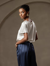 [Light Gray] SilkSilky  19Momme Stretch Silk Charmeuse Short Sleeve Boat Neck Women's T-Shirt 004