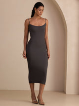 [Gray] SilkSilky Spaghetti Strap Square Neck Dress 006