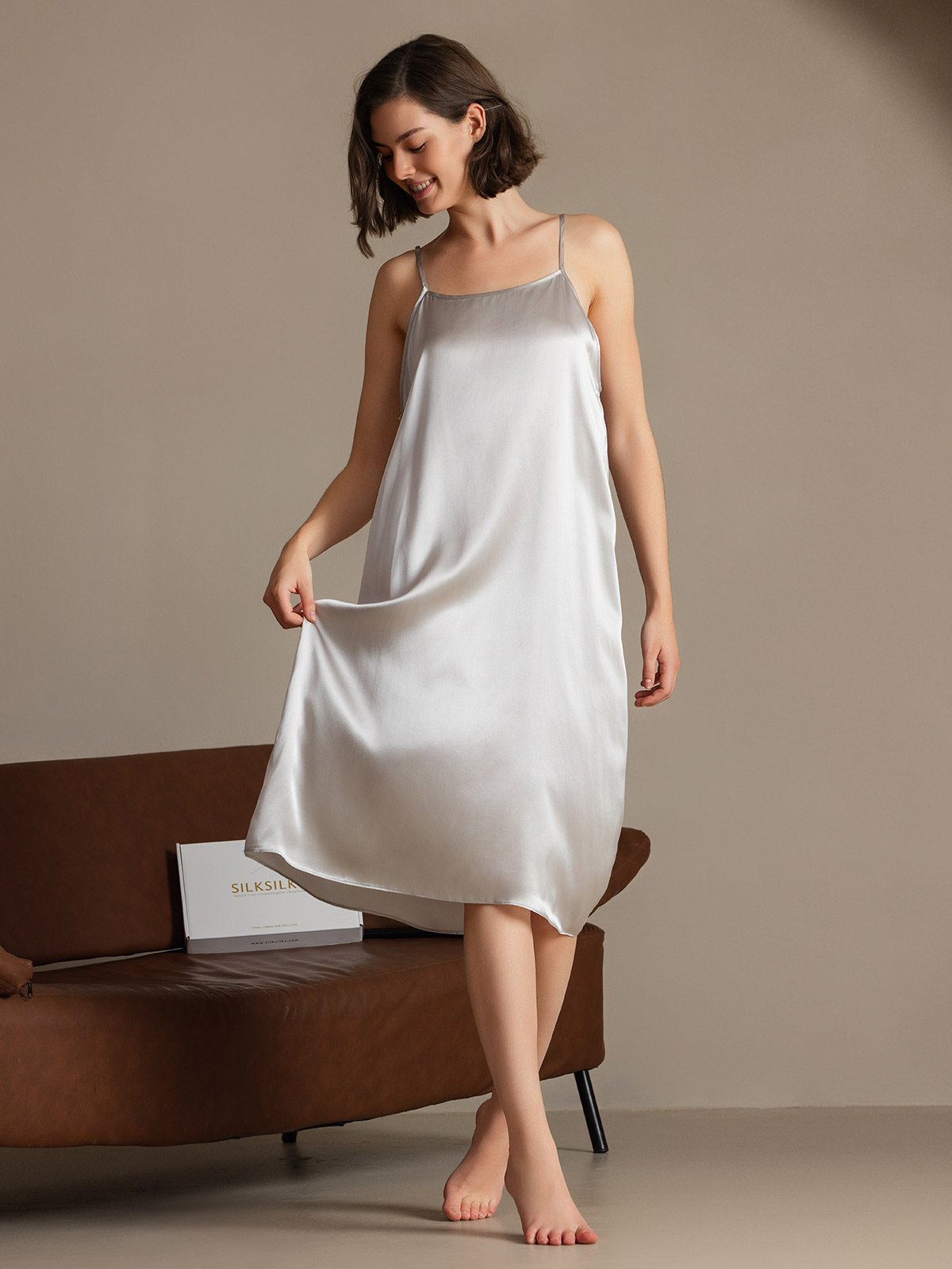 [Light Gray] SilkSilky  19Momme Silk Square Neck Dress 005