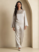 [Light Gray] SilkSilky  19Momme Stretch Silk Charmeuse Long Sleeve Boat Neck Blouse 006