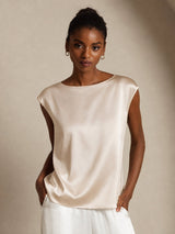 [Beige] SilkSilky  Cap Sleeve Round Neck Women's T-Shirt 001