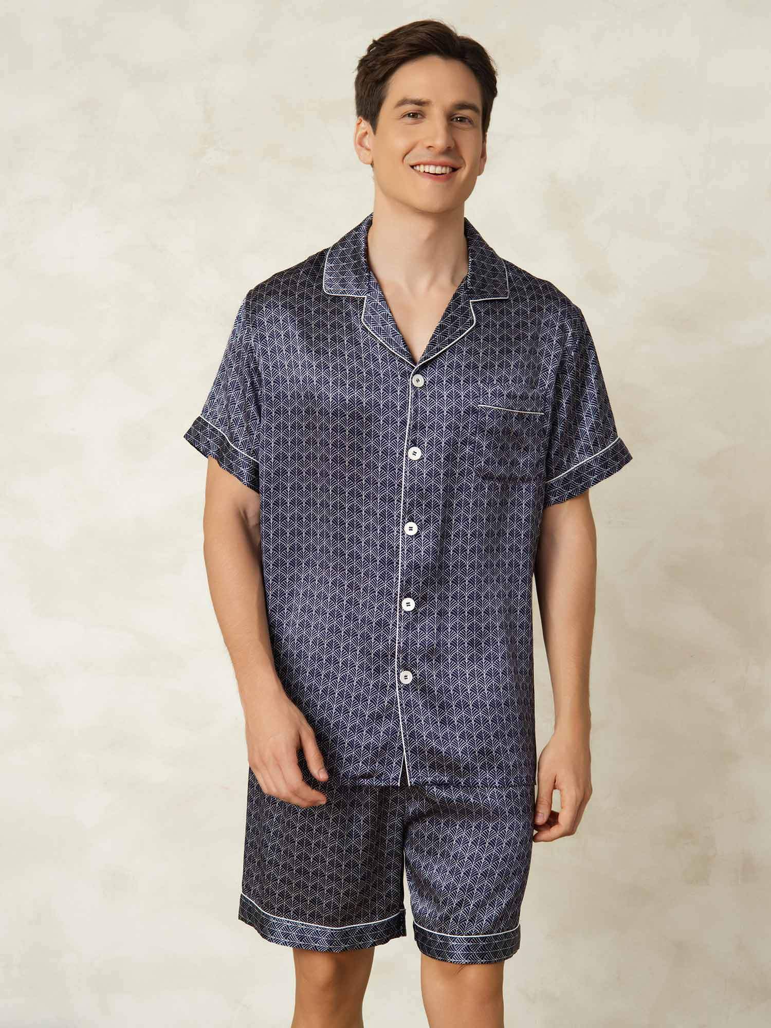 [Navy Ginkgo] SilkSilky  Short Sleeve Notch Collar Men's Pajamas 001