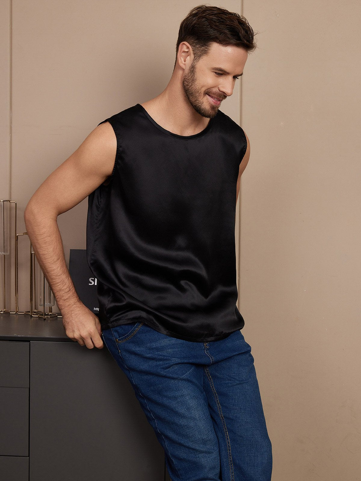[Black] SilkSilky  Pure Silk Mens T-Shirt 005,