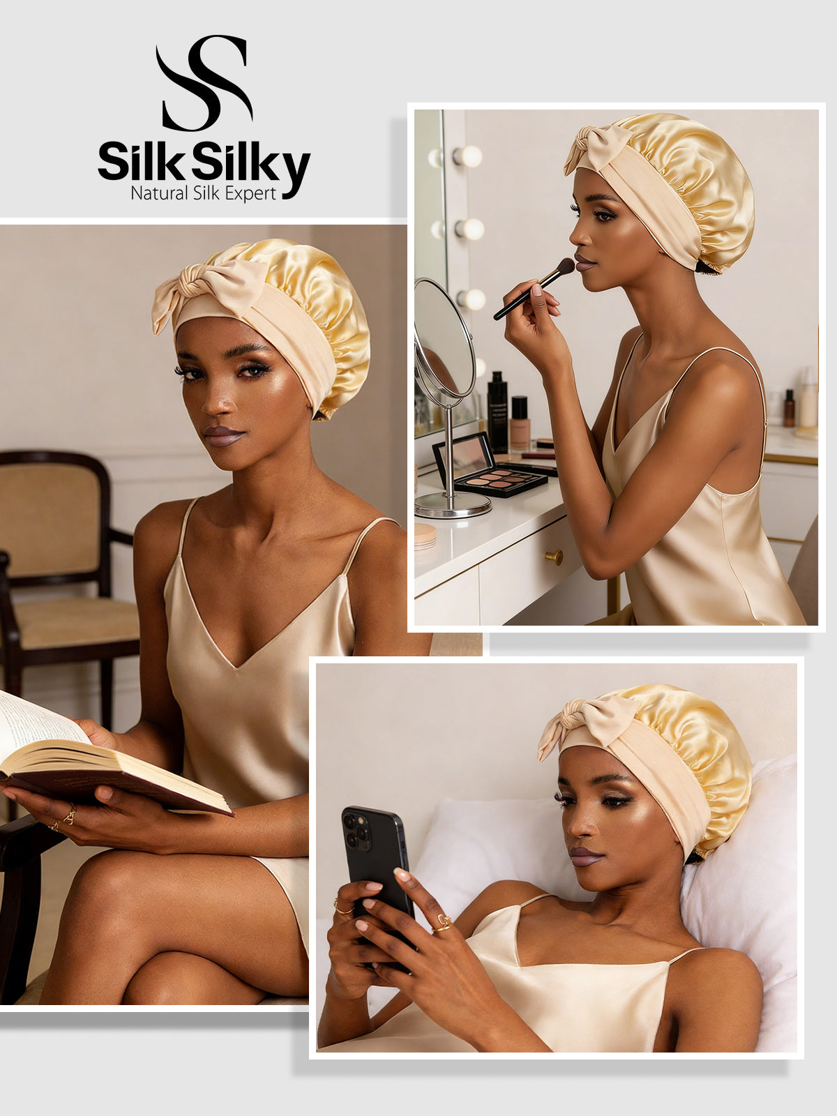 [Champagne] SilkSilky  Pure Silk Sleep Cap 005