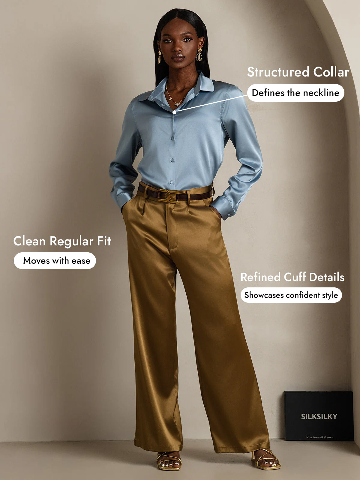 [Grayish Blue] SilkSilky  Silk Long Sleeve Lapel Collar Women's Shirt 005