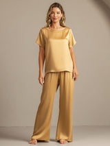 [Tan] SilkSilky  19Momme Machine-Washable Silk Short Sleeve Women's Pajamas 008