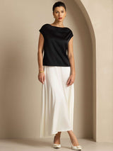 [Black] SilkSilky  19Momme Stretch Silk Charmeuse Cap Sleeve Cowl Neck Women's T-Shirt 007