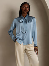 [Grayish Blue] SilkSilky  19Momme Stretch Silk Charmeuse Long Sleeve Tie Neck Blouse 007