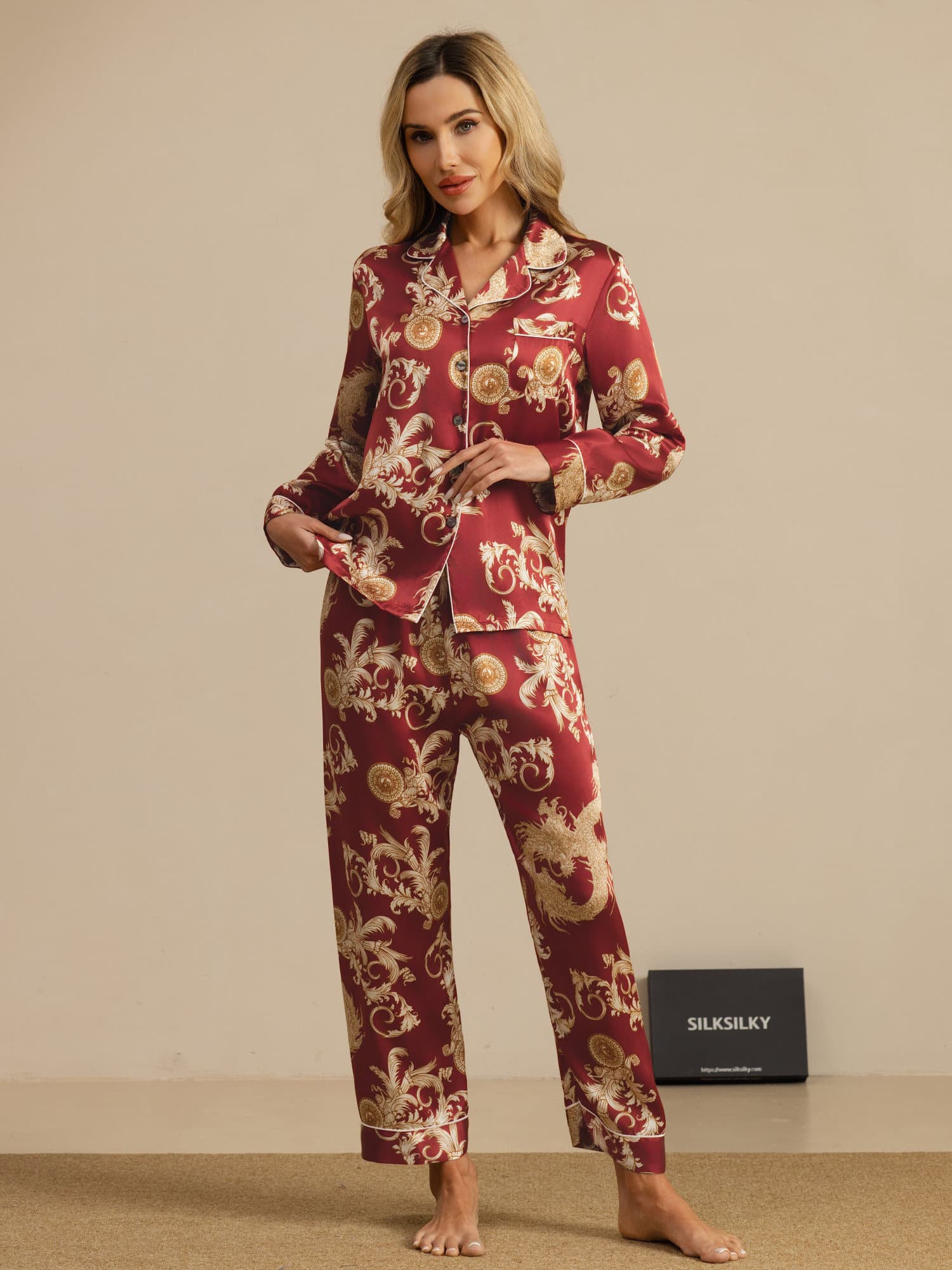 [Wine Dragon] SilkSilky  Long Sleeve Notch Collar Women's Pajamas 008