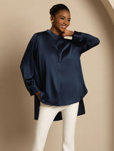 [Dark Blue] SilkSilky  19Momme Stretch Silk Charmeuse Long Sleeve Stand Collar Blouse 006