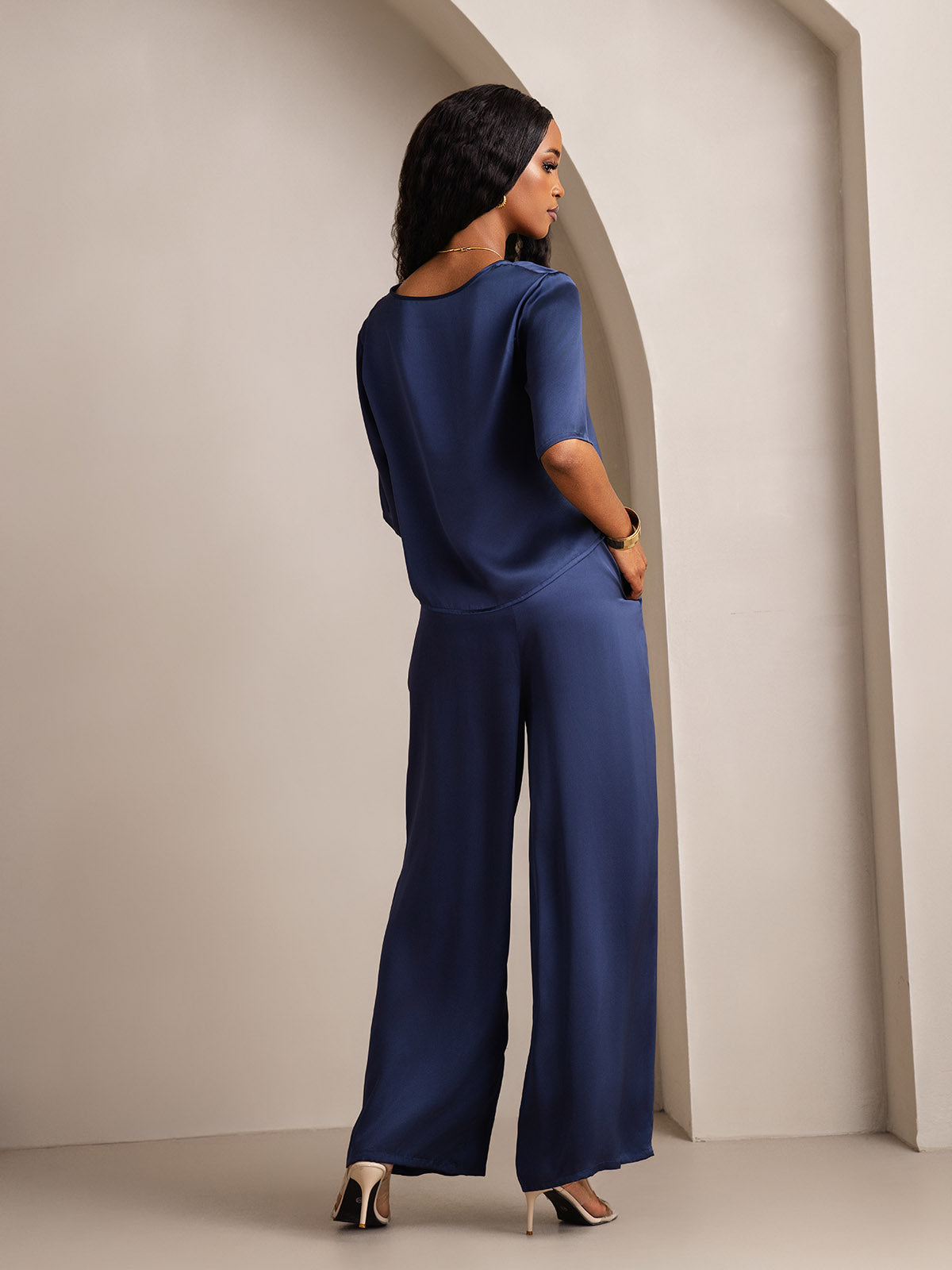 [Dark Blue] SilkSilky  Half Sleeve Round Neck Women's Pajamas 002
