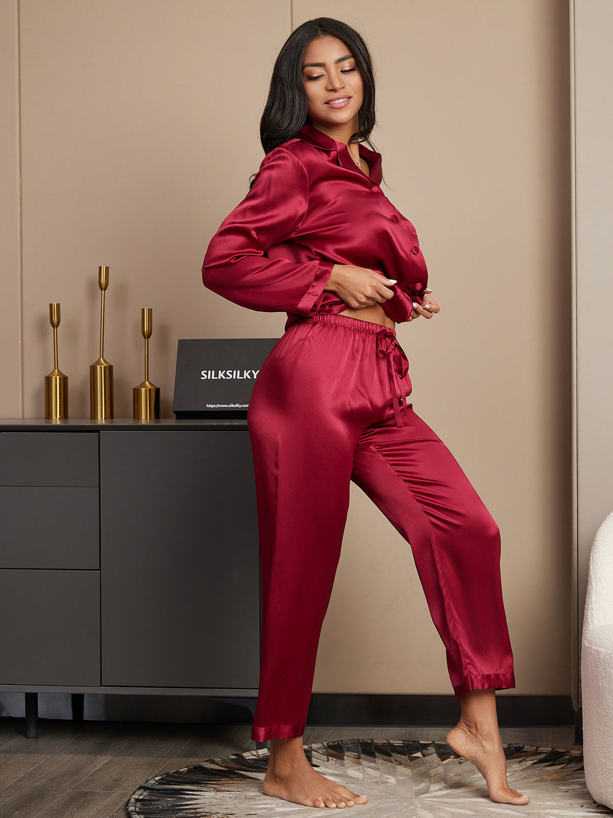 SilkSilky  Pure Silk Long Sleeve Lapel Women's Pajamas Wine 005