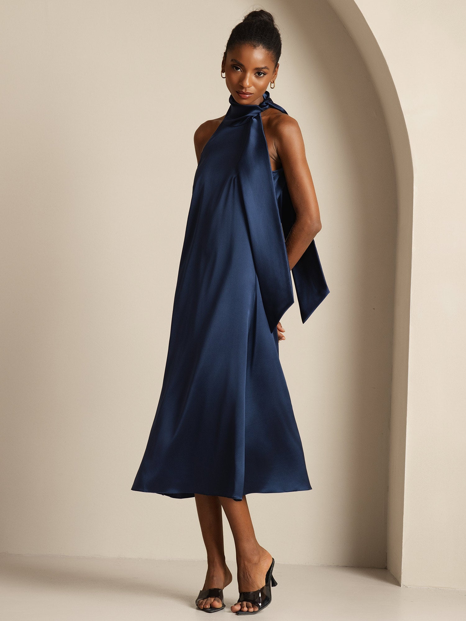[Dark Blue] SilkSilky  19Momme Silk Tie Neck Dress 003,