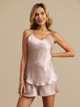 [Pink Heart Geo] SilkSilky  19Momme Spaghetti Strap V Neck Camisole Set 005